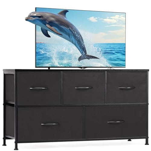 Sweetcrispy Dresser for Bedroom, TV Stand, 5-Drawer Fabric Storage Cabinet, Console Table, Entertainment Center and Closet Organizers for Living Room Furniture, Black