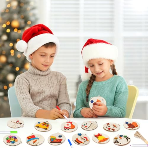Christmas Crafts for Kids, 24 Pcs DIY Wooden Christmas Ornaments Art Craft Supplies Painting Kit for Boys Girls Ages 4-8 8-12 Stocking Stuffers Party Favors Gifts Holiday Xmas Tree Hanging Decorations