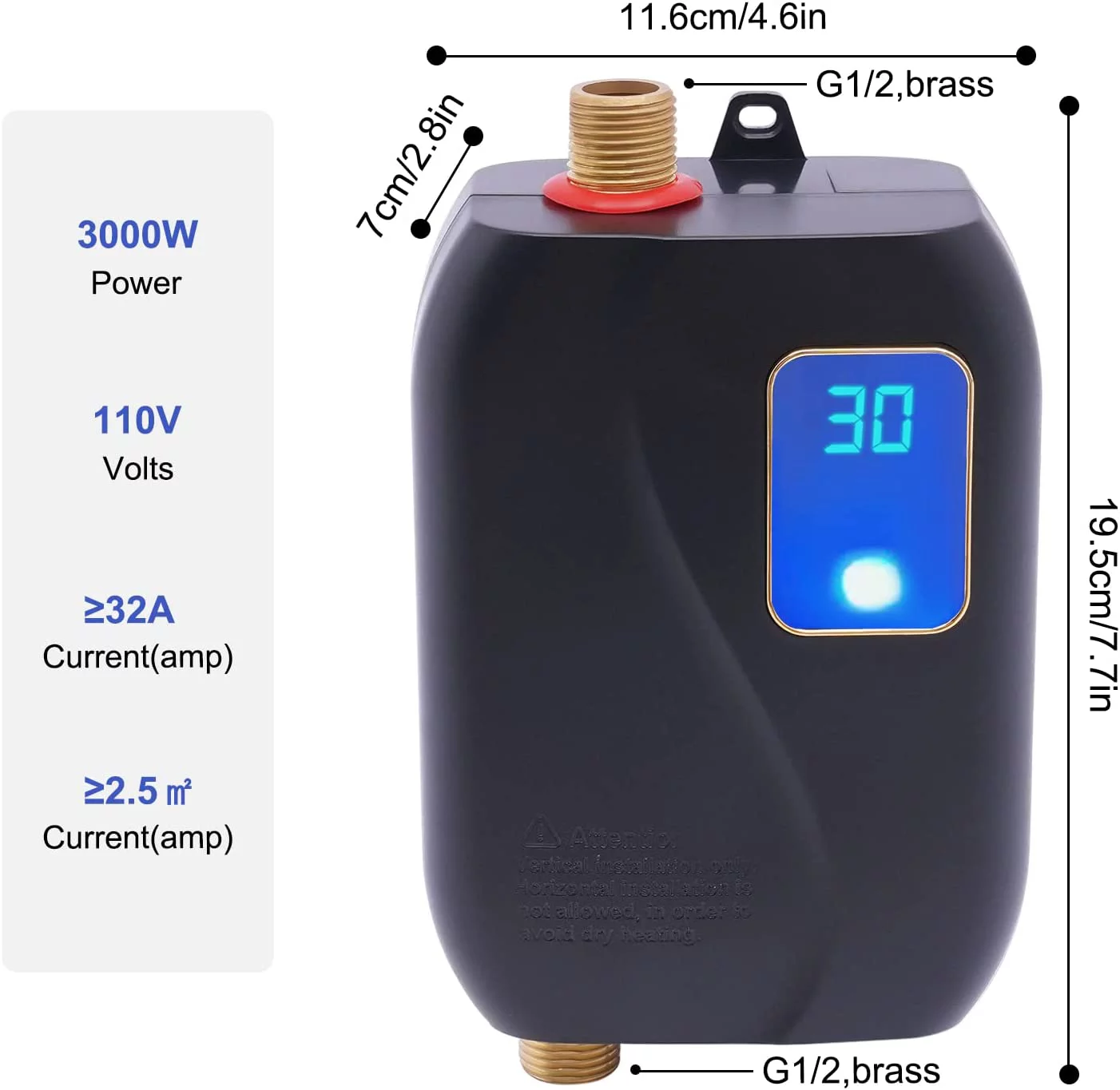OUKANING Thermostatic Tankless Electric Water Heater 110V 3000W Mini Instant Hot Water