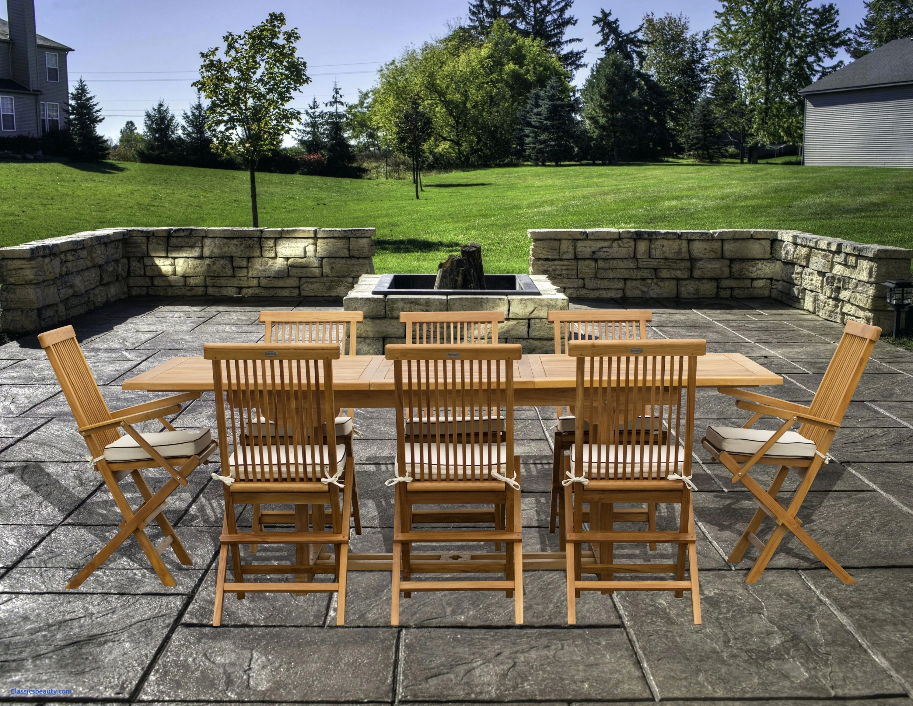 9 Piece Teak Wood West Palm Patio Dining Set with Rectangular Extension Table, 2 Folding Arm Chairs and 6 Folding Side Chairs