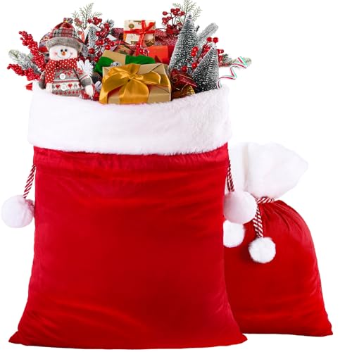 DIYDEC 2pcs Christmas Velvet Santa Bags with Drawstring Christmas Red Santa Gift Bags Large Gift Sack for Xmas Present Party Supply Costume Holiday Wrapping