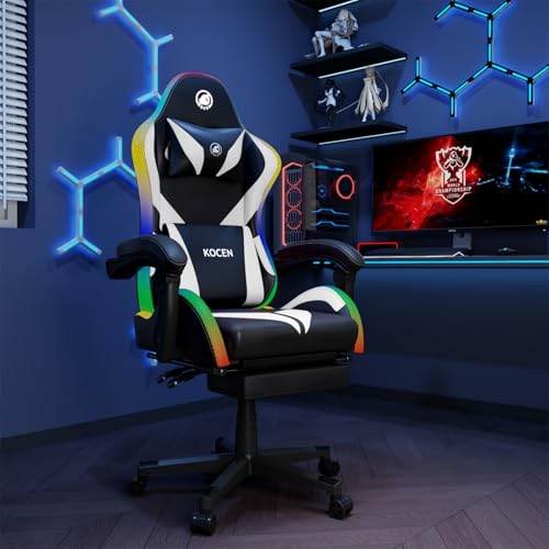 Gaming Chairs for Adults Tall and Kids，Lumbar Support,LED Lights，High Back Reclining Computer Chair with Headrest (Black+Blue)