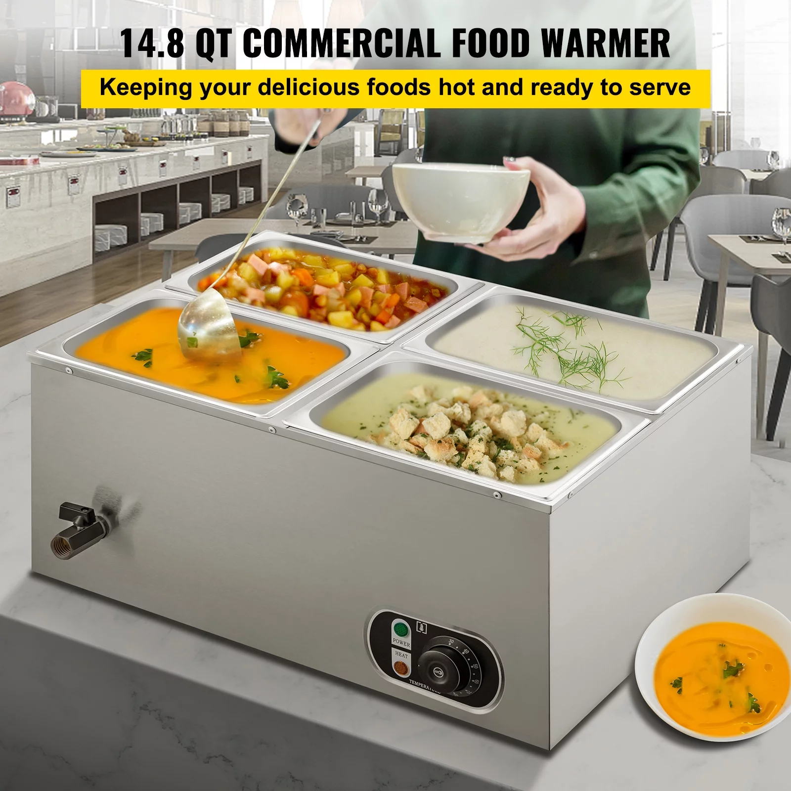 BENTISM 110V Commercial Food Warmer 4x1/4GN, 4-Pan Stainless Steel Bain Marie 24 Qt Capacity,1500W Steam Table 15cm/6inch Deep,Temp. Control 86-185℃, Electric Soup Warmer with Lids & 2 Ladles
