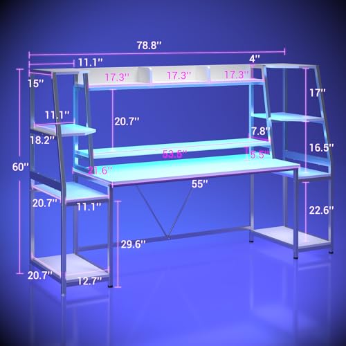 SEDETA Gaming Desk 78.8'' with LED Lights, Hutch and Storage Shelves, Computer Desk with Monitor Stand, Large PC Gamer Desk Workstation, Ergonomic Gaming Table for Bedroom, Living Room, Black