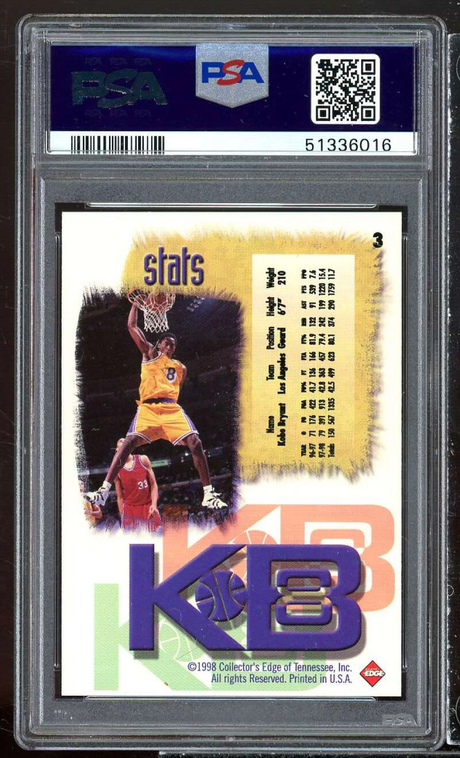 Kobe Bryant Card 1998 Collector's Edge Impulse KB8 Holofoil #3 PSA 9