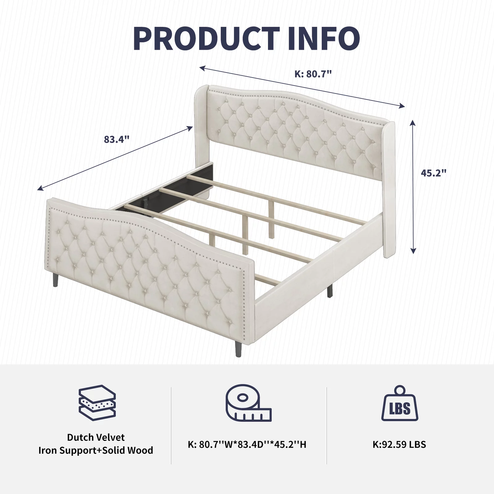ZAFLY King Size Bed Frame with Headboard | Button Tufted Velvet/Dutch Velvet Bedroom Furniture | High Upholstered Platform Bed Frame, King Size, Bright White