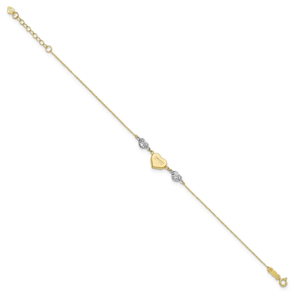 Primal Gold 14 Karat Two-Tone Puffed Love Heart and Diamond-cut Hearts Bracelet
