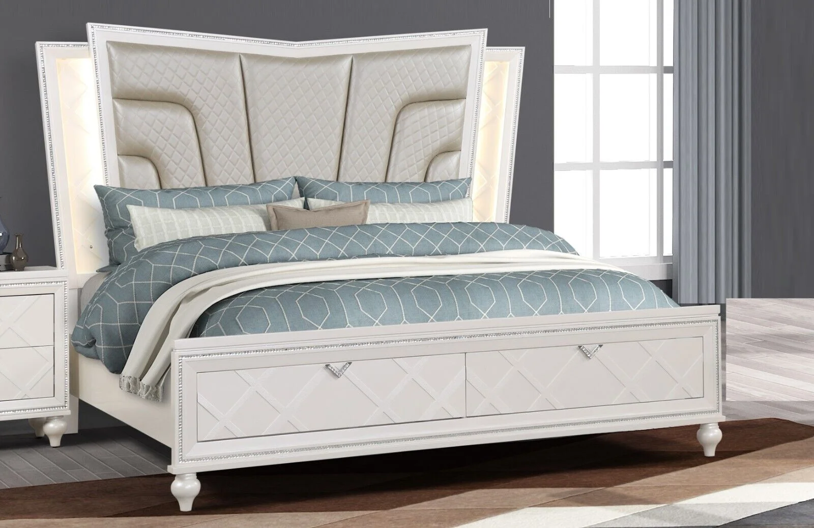 Modern 3pc Luxury Silver Queen Size Storage LED Headboard Bed 2x Nightstand Bedroom Furniture