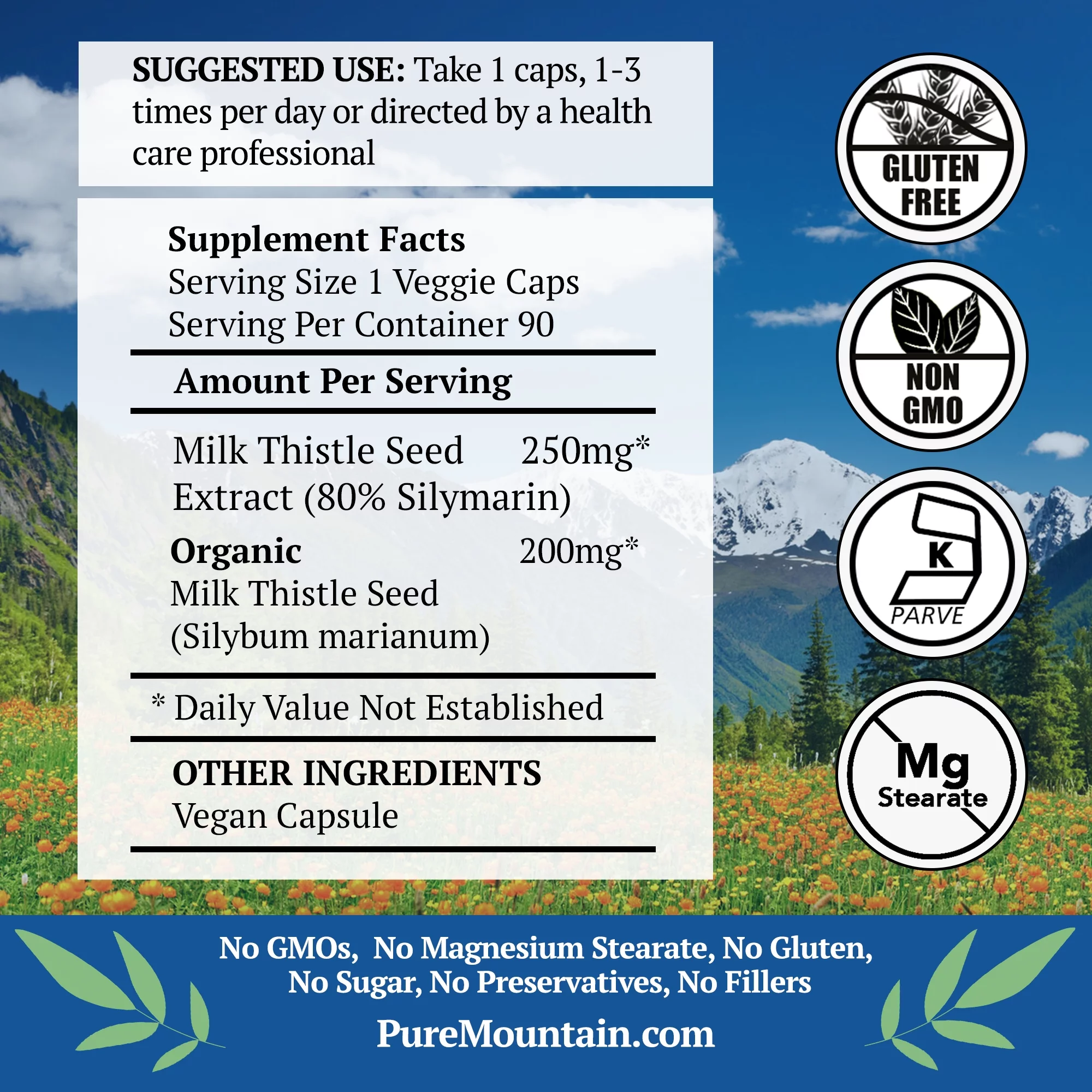 Milk Thistle Extract Capsules Kosher Vegan Herbal Supplements Brown Glass Bottle (90 Caps)