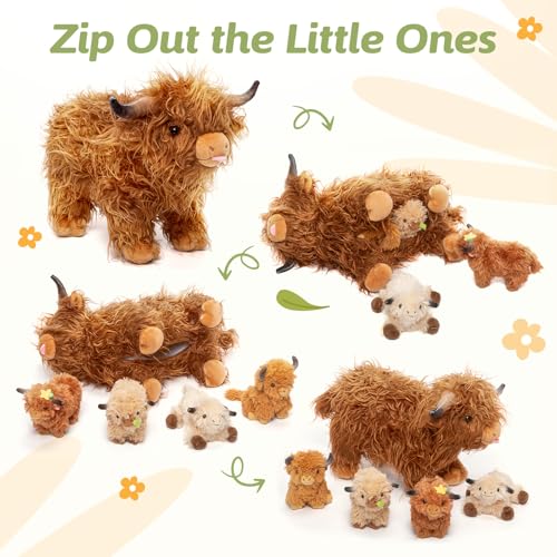 OUOZZZ Moose Stuffed Animal Christmas Plush Set – 14.5″ Large Mama Moose with 4 Baby Calves – Soft Reindeer, Elk & Deer Toy for Toddlers & Kids