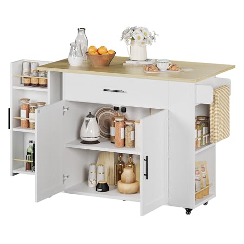 IRONCK Kitchen Island with Storage, 47.2in Rolling Island on Wheels, Kitchen Cart with Drop Leaf, Drawer and Towel Rack for Home, Dining Room