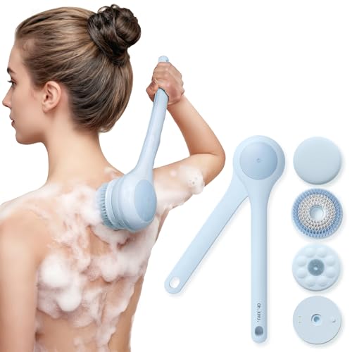 Electric Body Brush Back Scrubber for Shower, Waterproof Long Dual Handle Power Body Scrubber with 3 Heads, Rechargeable Bath Brush & 2 Speeds, for Cleansing, Exfoliating and Massaging Skin
