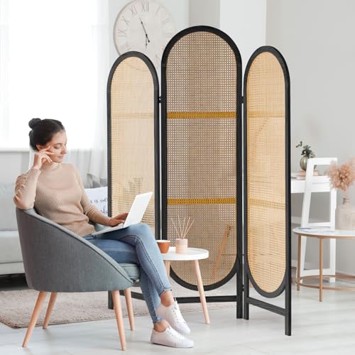 5.9 Ft Tall Hand-Woven Rattan Room Divider 3 Panels, Wood Room Divider Panel, Folding Screen Divider Wall, Wall Divider for Room Separation, Folding Privacy Screen, Home Office - Brown