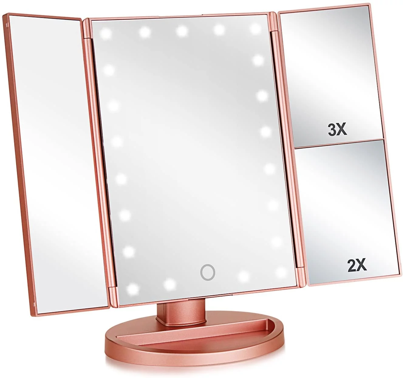 Flymiro Tri-fold Lighted Vanity Makeup Mirror with 3x/2x Magnification,21 LEDs Light and Touch Screen,180 Degree Free Rotation Countertop Cosmetic Mirror,Travel Makeup Mirror (Rose Gold)