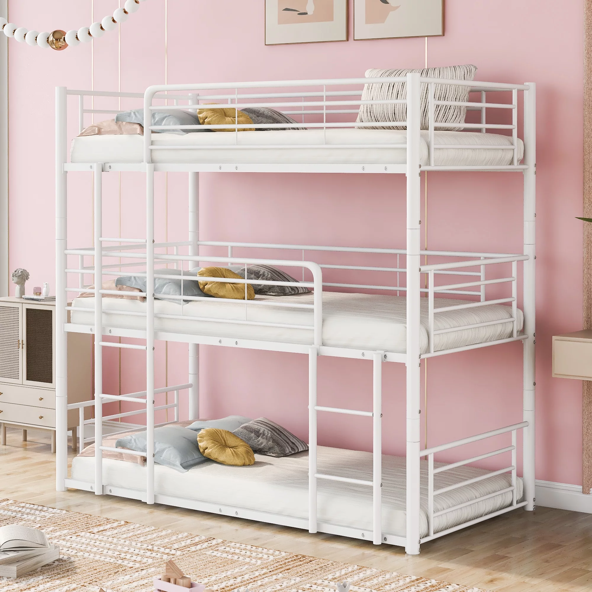 GUTALOR Twin-Twin-Twin Triple Bed with Built-in Ladder - Can Be Divided into Three Separate Beds, White Metal Bunk Bed