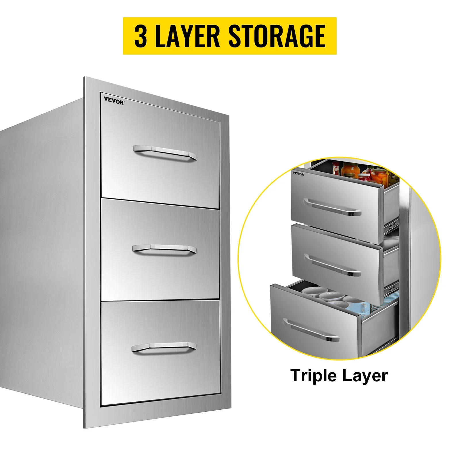 VEVOR Outdoor Kitchen Drawers 16" W x 28.5" H x 20.5" D, Flush Mount Triple Access BBQ Drawers with Stainless Steel Handle, BBQ Island Drawers for Outdoor Kitchens or BBQ Island Patio Grill Station