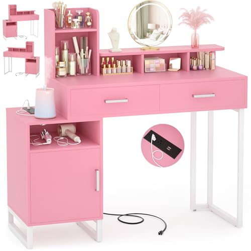 Vanity Desk, Small Vanity Desk with Power Outlet, Makeup Desk with Drawers and Cabinets, Vanity Set with Storage Shelves for Bedroom, No Mirror, White