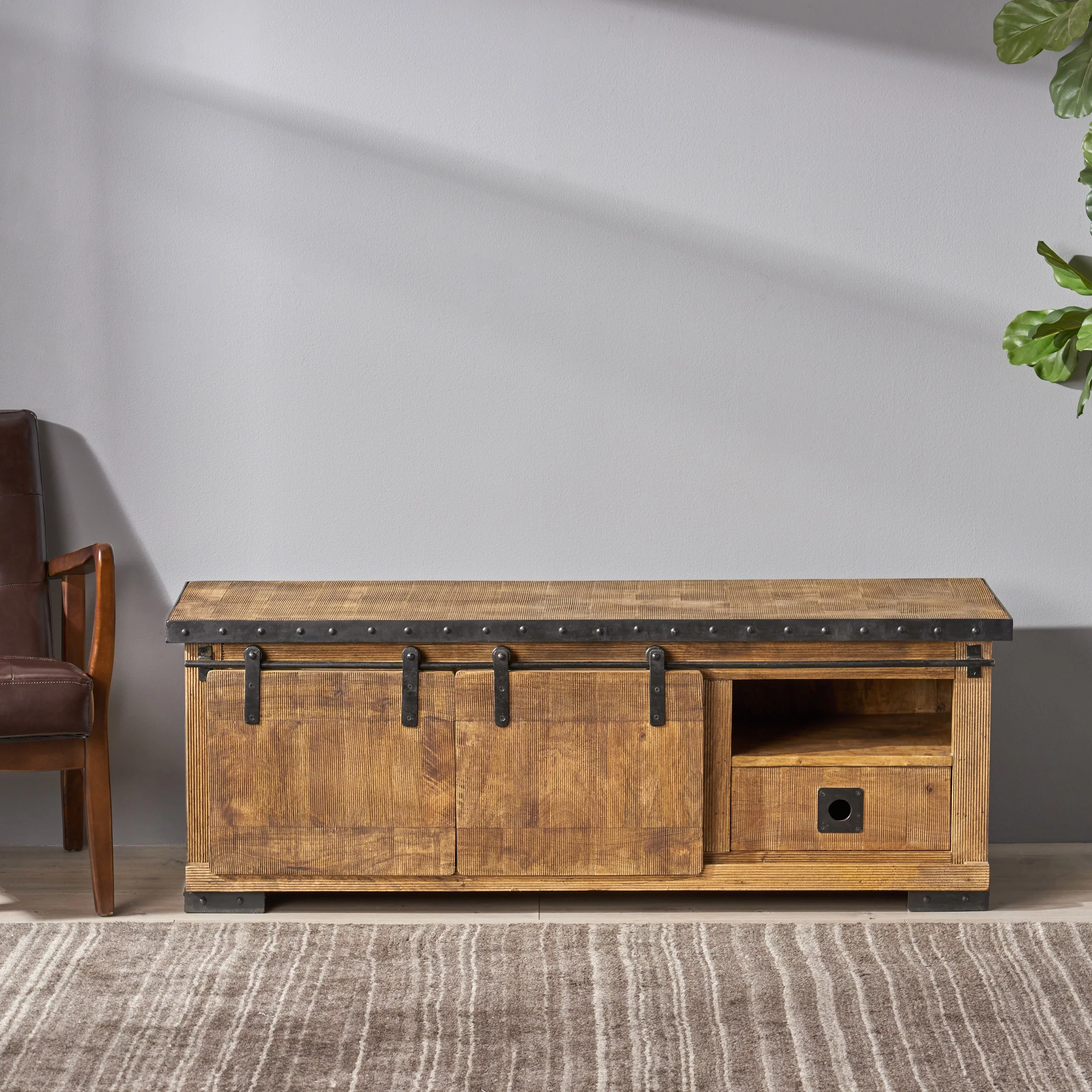 Noble House Zarnish Modern Industrial Mango Wood TV Stand, Natural and Black