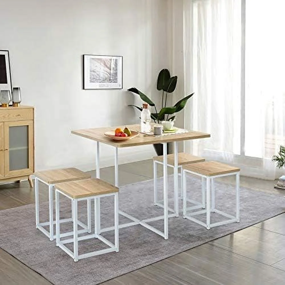 5 Piece Dining Table Set, Dining Set For 4 With Square Stools, Small Kitchen Table Set With Metal Frame, Compact Design For Small Space, Home Kitchen Bar Pub Apartment