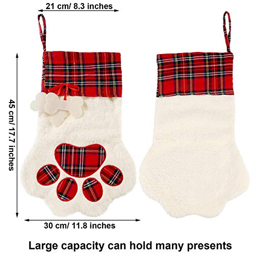 Jetec 2 Pieces 17.7 Inch Christmas Pet Stockings Cat Dog Paw Pattern Buffalo Plaid Fireplace Hanging Stockings for Christmas Fireplace Tree Decoration(Red)
