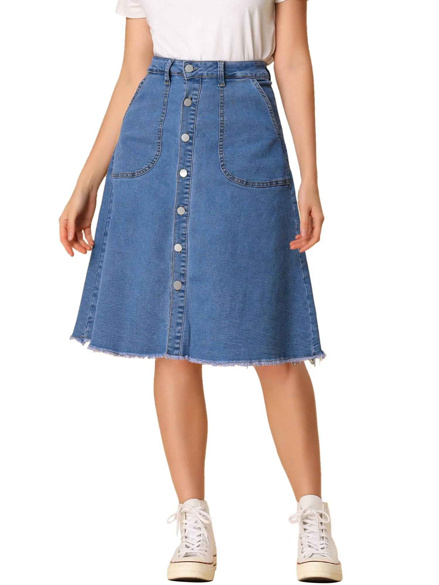 Allegra K Women's Denim Skirt Raw Hem Button Down A-Line Midi Jeans Skirts