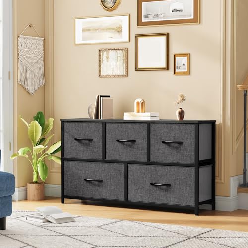 DWVO 5 Dresser for Bedroom, TV Stand, Fabric Tower with 5 Drawers, Black Dresser & Chest of Drawers