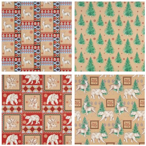 RUSPEPA Christmas Kraft Wrapping Paper - Owl, Reindeer, Christmas Ball and Text Design - 4 Rolls - 30 inches x 10 feet per Roll