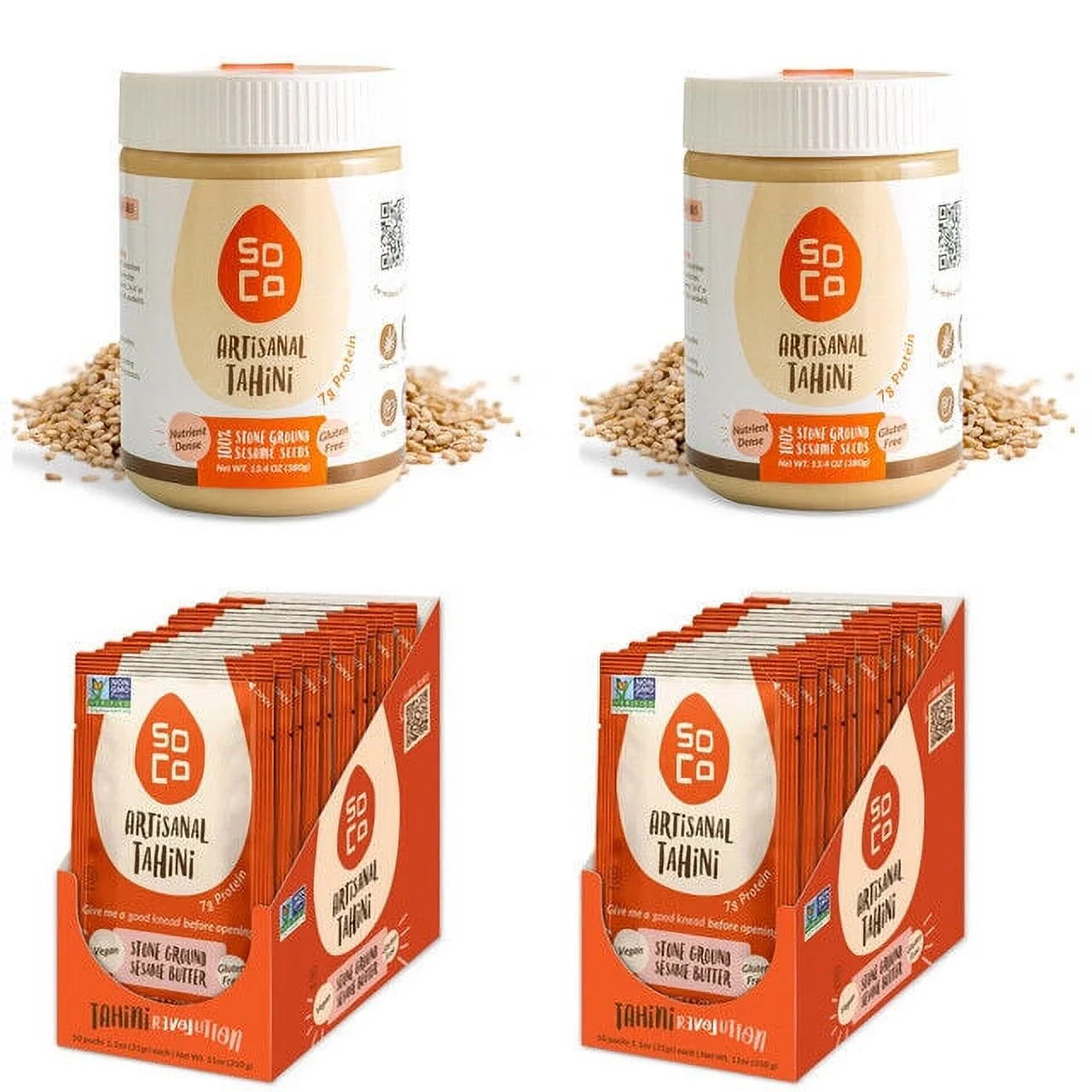 SoCo 2 x Artisanal Tahini Jars each of (380 Grams ) with combo 2 x Artisanal Tahini Squeeze Packs each (Box of 10) Gluten-Free, Sugar-Free