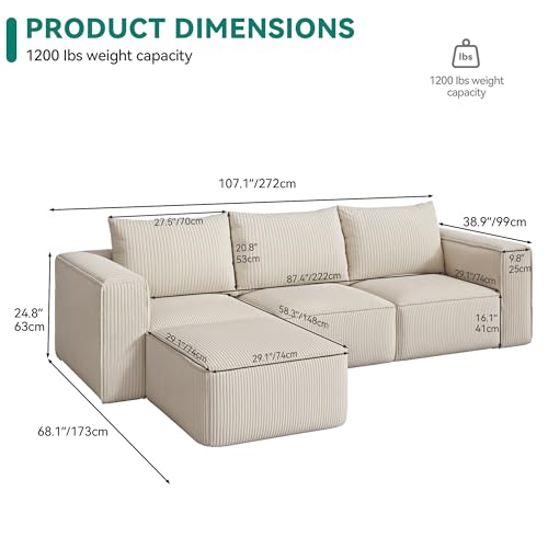 YITAHOME 107 Inch Cloud Sectional Couch with L-Shape Chaise, Modern Modular Sofa with Deep Seat and 3 Pillows, Corduroy Upholstered Couches for Living Room Bedroom, No Assembly Required, Milky White