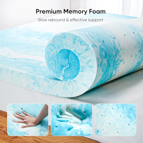 Marsail 3-inch Queen Memory Foam Mattress Topper, Gel Infused Cooling Mattress Topper, Soft Mattress Topper for Sleeper Sofa, RV, Camper, CertiPUR-US Certified, Blue