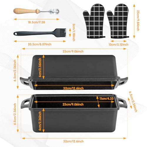 Cast Iron Bread Loaf Pan with Lid 9x5 Inch,2 in 1 Bread Pands Even Heat Bread Baking Pan for Homemade Bread, Sourdough, Meatloaf, Set of 2 Loaf Pans with Oven Mitts, Lame Baking Tool, Pastry Brush