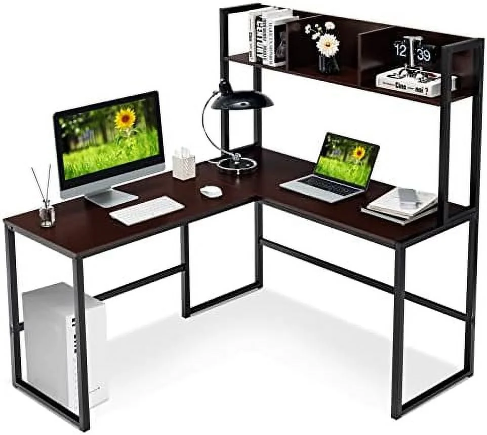 Reversible L-Shaped Desk with Hutch  Space Saving Corner Computer Desk with  Shelves   Office Study Writing Desk Computer Workstation with  Bookshelf  Gaming Desk