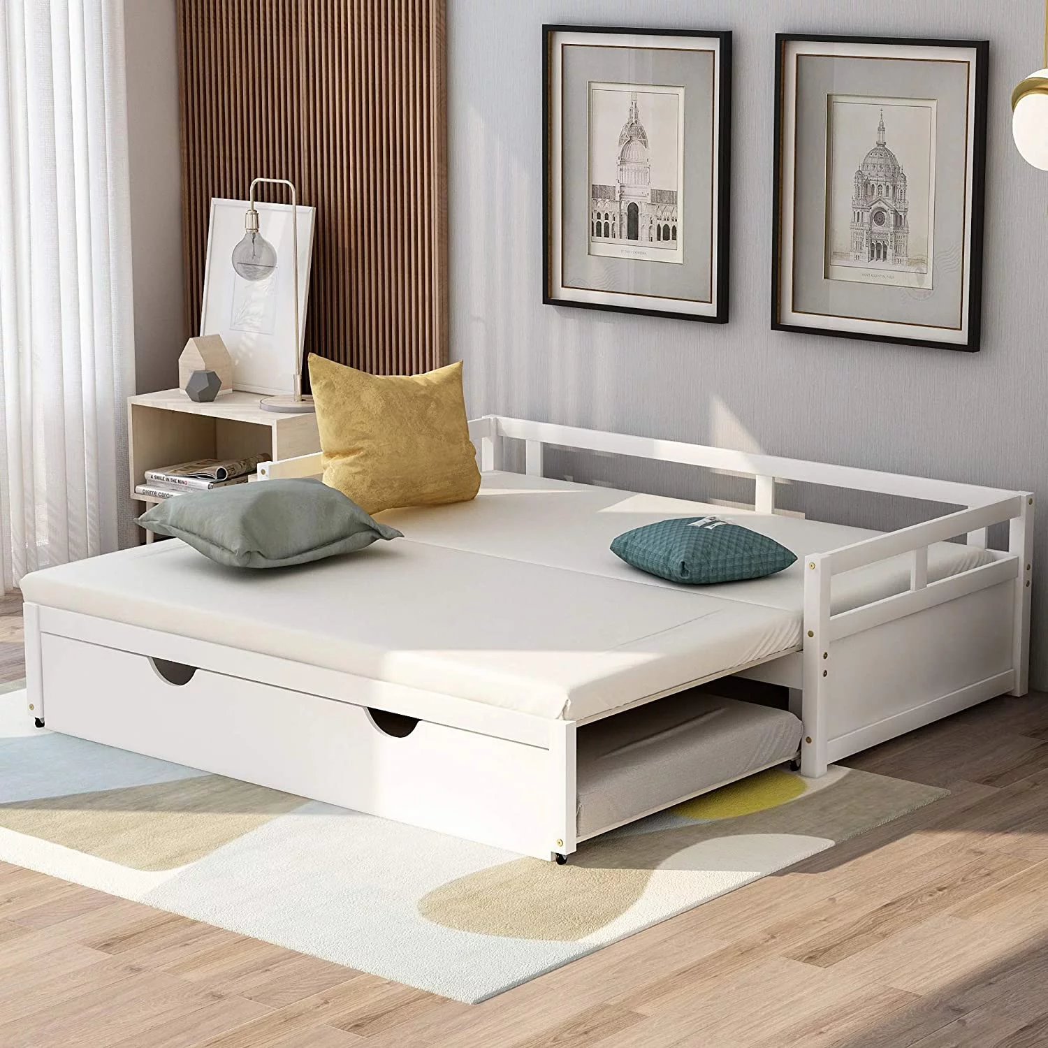 Extedable Daybed With Trudle Bed, Wood Daybed Frame With Pull Out Trudle, To Kig Desig Extedig Daybed For Kids Girls Boys Tees Adults, o Box Sprig Required, White