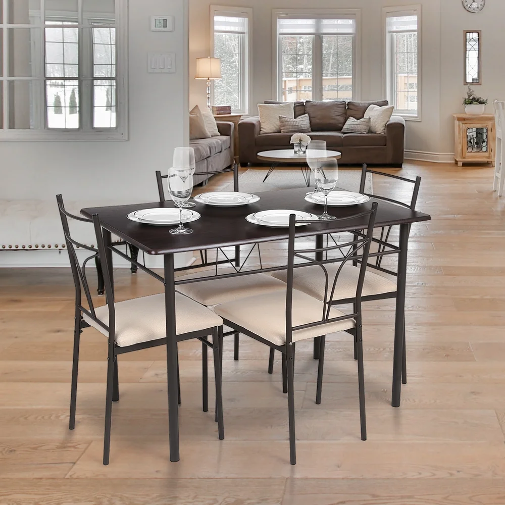 iKayaa 5-Piece Wood & Metal Dining Set, Modern Dining Chairs Set of 4