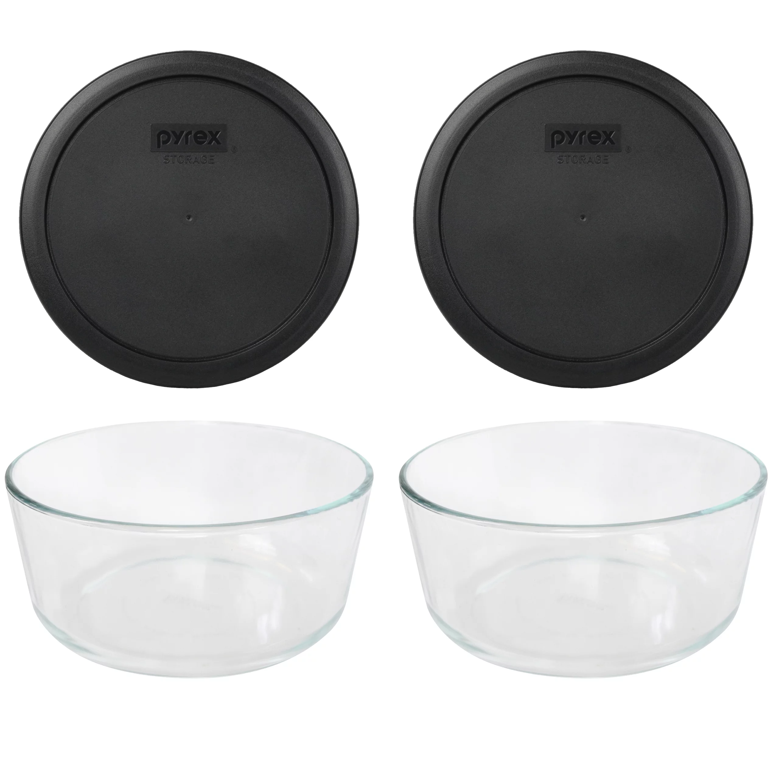 Pyrex 7203 Round Glass Food Storage Bowl w/ 7402-PC Black Plastic Lid Cover (2-Pack)
