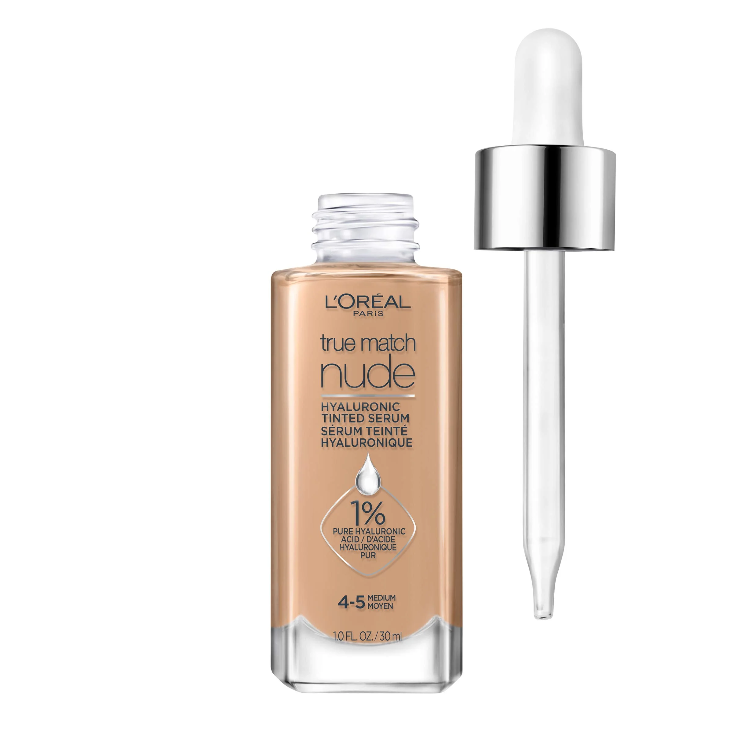 Luminous Skin Perfector: L’Oréal Paris True Match Nude Hyaluronic Tinted Serum Foundation - Medium 4-5, 1 Fl. Oz.