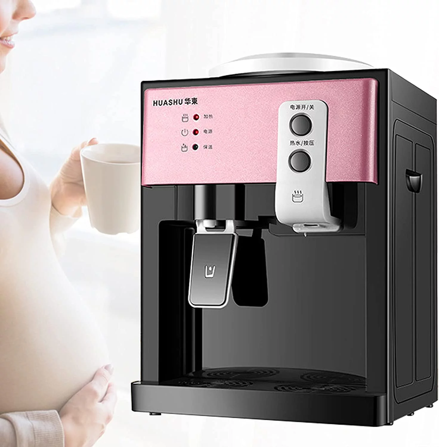 FETCOI 110V Countertop Water Cooler Dispenser, Top Loading Water Cooler Dispenser Hot, Cold and Room Temperature Water for Home Office Use (Rose Gold)