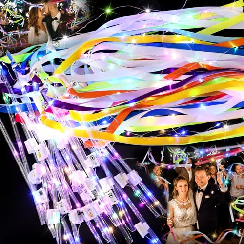 100 PCS Light Up Wands for Wedding, Wedding Favors with 3 Colorful Flashing Modes, Fairy Wands with Colorful ribbons, Lace and Bells for Wedding, New Year, Raves, Concert, Birthday