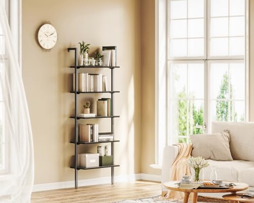 ODK Ladder Shelf, 6 Tier Black Bookshelf, 86 Inch Wall Mounted Book Shelf with Metal Frame, Ladder Bookshelf Bookcase for Bedroom, Home Office and Living Room