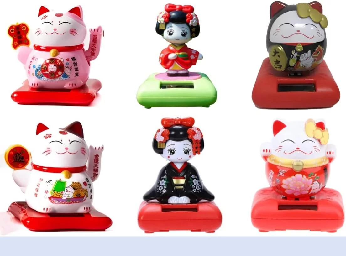 Solar Powered Dancing Toy Lucky Cat Waving Arm Maneki Neko Japanese Kimono Maiko Geisha in Assorted Colors, 3 inch - Set of 6