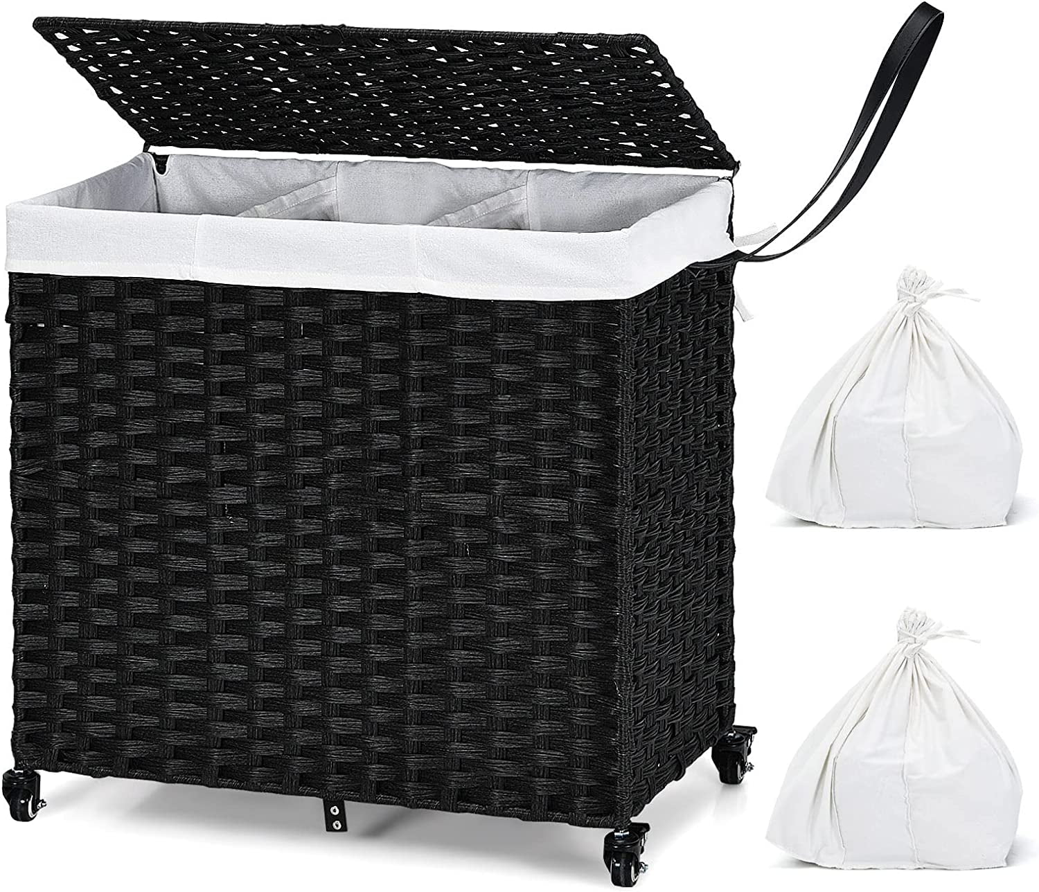 Laundry Hamper with Lid and Wheels, Hand Woven Rattan Clothes Hamper with 125L Large 3 Divided Sections and 2 Removable and Washable Liner Bags, Dirty Clothes Hamper Storage with Handles