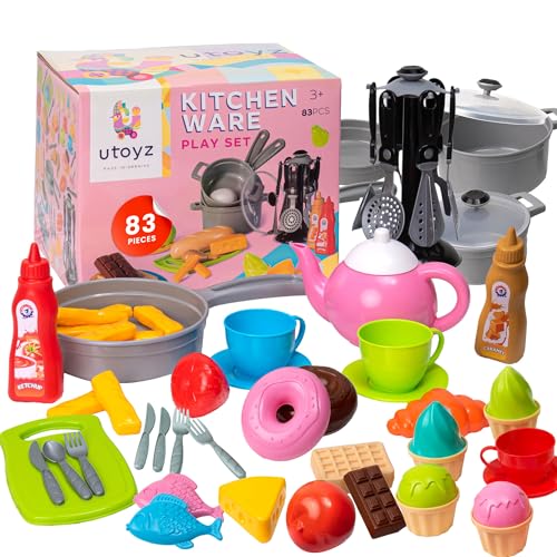 uToyz Kitchenware Playset – 83pcs Toddler Play Food Sets for Kids Kitchen Playset, Mini Toddler Cooking Set with Play Kitchen Accessories & Toy Food, Cooking Toys with Toy Pots & Pans for Kids Ages 3+
