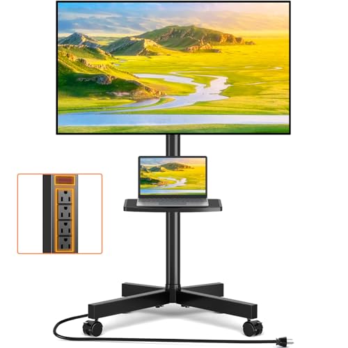 TVON Mobile TV Stand with Power Outlet, Tilt Rolling TV Cart for 23-60 Inch LCD LED OLED Flat Curved Screen TVs up to 88 lbs, Height Adjustment Portable TV Stand on Wheels, Max VESA 400x400mm