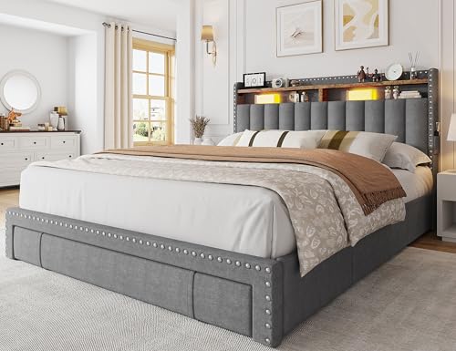 EnHomee Queen Bed Frame with 3 Storage Drawers, Upholstered Bed Frame Queen Size with 2-Tier Storage Headboard, Wooden Slats, No Box Spring Needed, Noise-Free, Beige