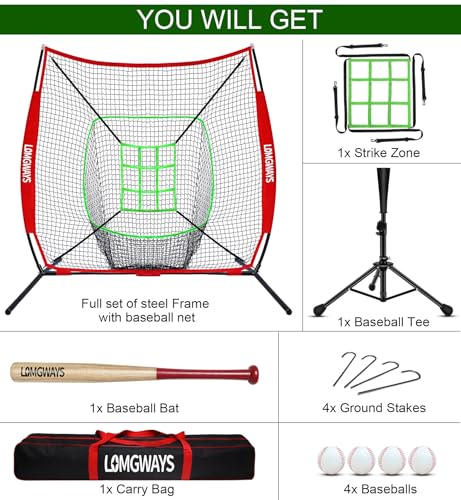 7'x7' Portable Baseball Net Set - Batting, Hitting & Pitching Practice Net with Tee, Bat, Balls, Strike Zone, Carrying Bag, for All Skills