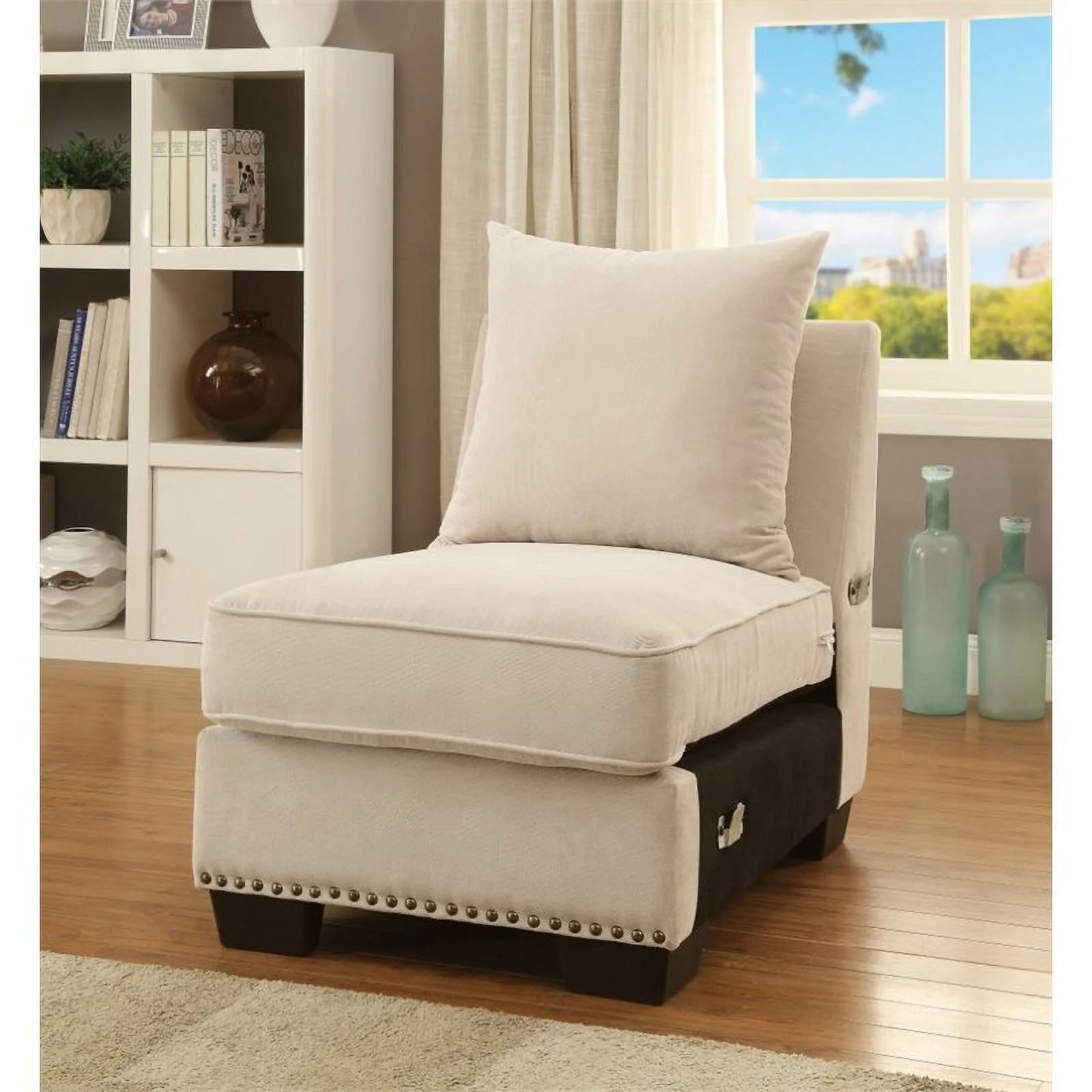 Furniture of America Ellington Fabric Nailhead Armless Accent Chair in Beige