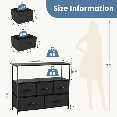 DUMOS TV Stand Dresser with 5 Fabric Storage Drawers, Media Console Featuring Open Shelf for 45 inch TV, Compact Entertainment Unit for Bedroom, Living Space, or Dorm Organization