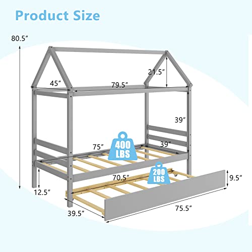 KOMFOTT Twin Size Wood House Bed with 2 Drawers, Wooden Bed Frame with Cube Storage & Fence Rails, Wooden Platform Twin Bed Frame with House-Shaped Roof for Bedroom, No Box Spring Needed (Grey)