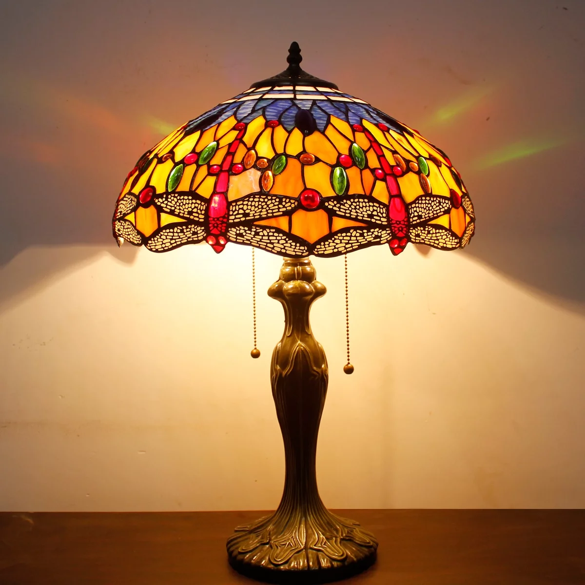 Tiffany Style Table Lamp W16H24 Inch Orange Blue Stained Glass Crystal Bead Dragonfly Shade S168 LAMPS Kids Living Room Bedroom Coffee Bar Desk Bedside Reading Light Antique Art Crafts Gift