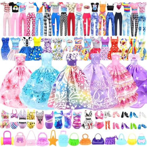 92Pcs Doll Clothes and Accessories with Doll Closet for 11.5 Inch Doll Fashion Design Kit Girl Dress Up Including Fashion Dress Outfits Tops and Pants Shoes Hangers Bags Necklaces Girls Toy Gifts